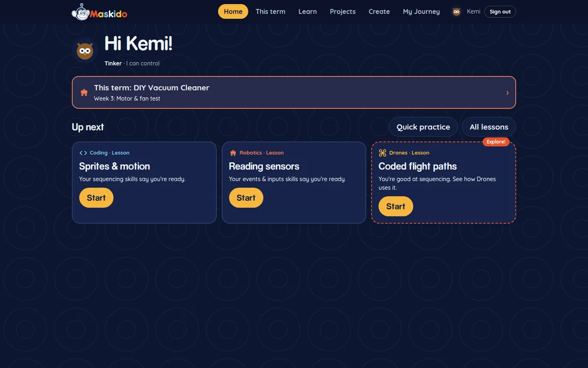 The Maskido Learn home screen: Kemi's next three lessons, one in Robotics, one in Coding and an Explore pick in Drones