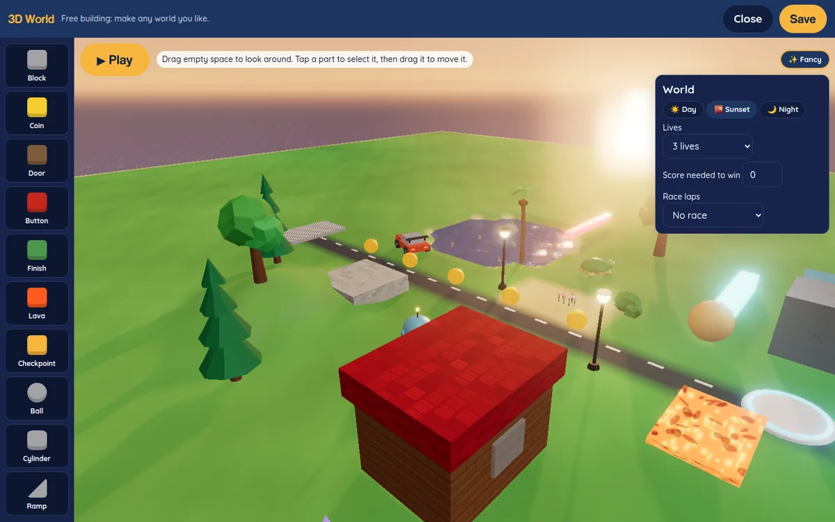 The 3D World in Maskido Learn at sunset: a road lined with coins, a house, trees, lamps, a pond and a car