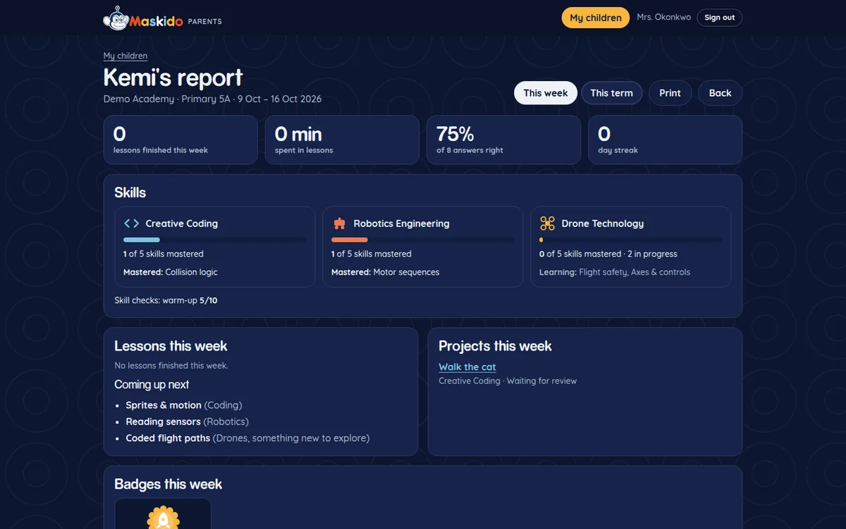 A parent's weekly report for Kemi: skills in each programme, lessons coming up and projects