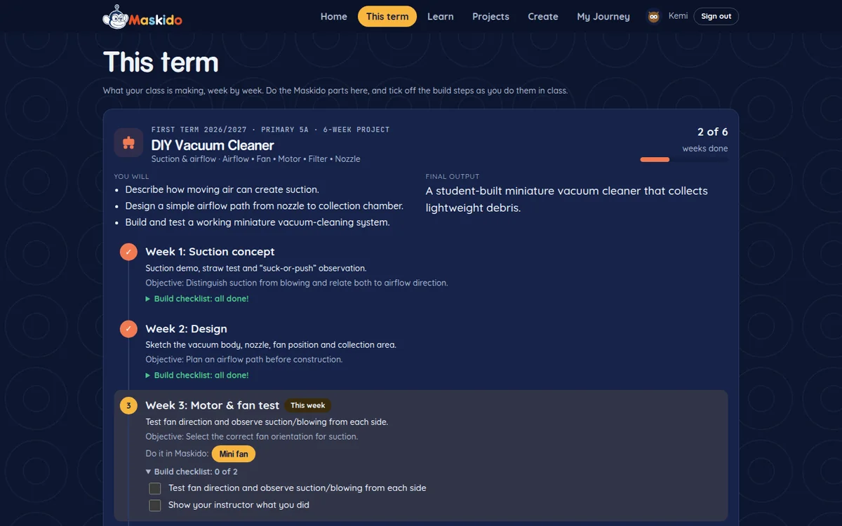 This term's project, a DIY vacuum cleaner, week by week with a build checklist for the current week
